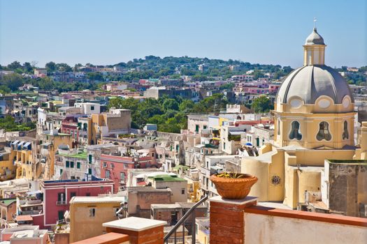 Panoramic view of Procida Isle, in Naples Gulf, Italy