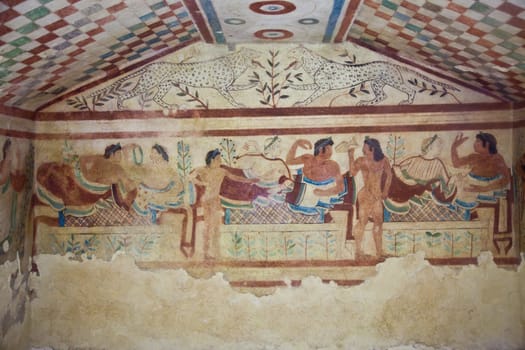 Tarquinia, Italy, around 470 B.C. Via a narrow corridor leading downstair one has access to the rectangular burial room with a sloping ceiling