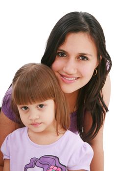 Beautiful happy mom with her daughter isolated on white