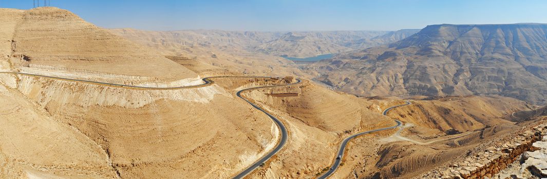 Mountain serpentine canyon of Wadi Mujib in. Jordan. Panorama