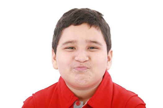 Funny child with red shirt isolated on white background