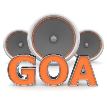 orange word GOA with metallic outline and three speakers in background