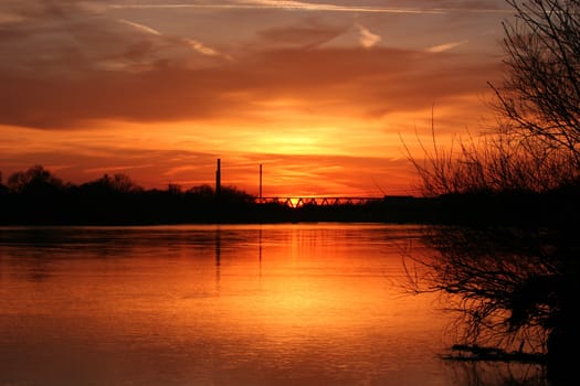 Sunset on the River Elbe in Saxony-Anhalt / Germany