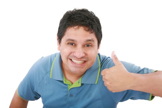 smiling young man with thumbs up on an isolated white background