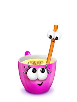 A cartoon mug of eggnog with a cinnamon stick.