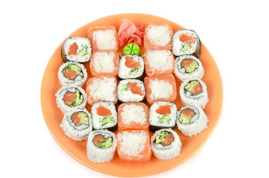 Closeup japanese sushi set at plate on a white