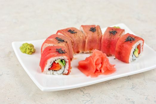 Fuji Sushi rolls made of tuna, pepper, avocado, cucumber