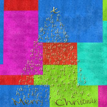 Christmas tree with gold letters of the alphabet on colorful background