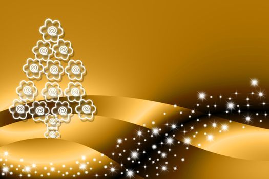 Christmas tree made of flowers on gold background with stars