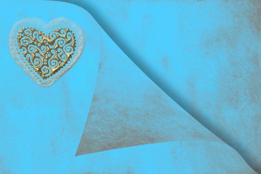 wedding invitation card, gold heart on blue paper