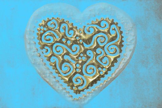 transparent gold heart carved on a blue background