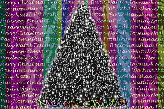 colorful Christmas greeting in several languages ??in gold letters and Christmas tree