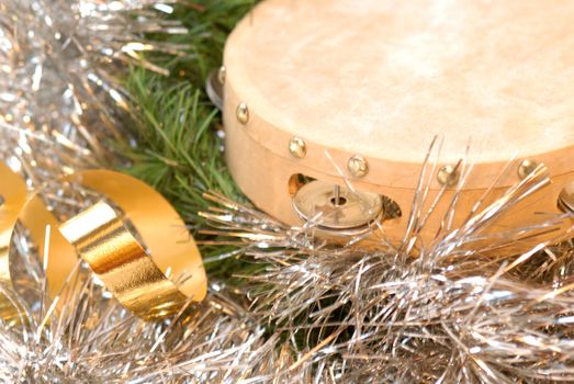 Christmas card tambourine and silver and gold ribbon tinsel