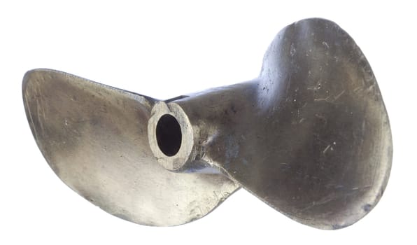 two-blade boat propeller, made of brass with white background
