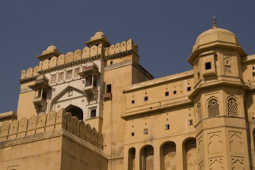 Imposing entrance to Amber Fort. Large Rajput style building on the outskirts of Jaipur, Rajasthan, India