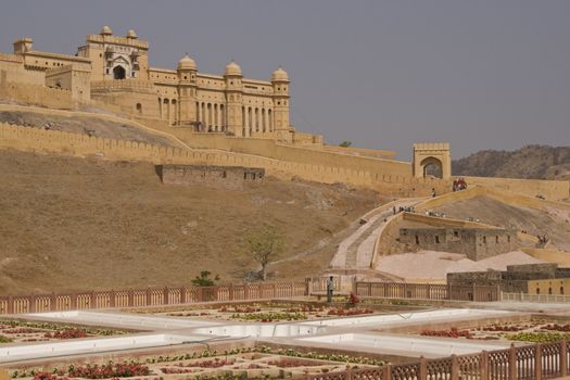 Amber fort perched on a hill near Jaipur in Rajasthan, India.