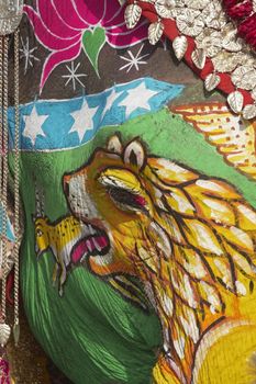 Head of an ornately decorated elephant at the annual elephant festival in Jaipur, Rajasthan, India