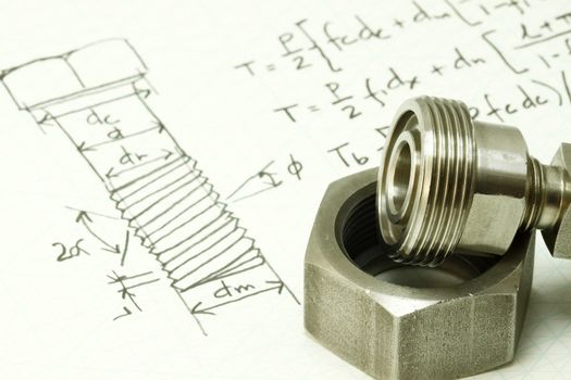 Machine design and calculation of bolt thread and nut.