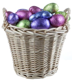 Basket filled with chocolate eggs isolated over white 