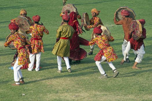 Group of dancers performing at the annual elephant festival in Jaipur, Rajasthan, India.