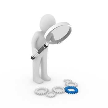 3d magnifying glass gear blue maschine search loupe