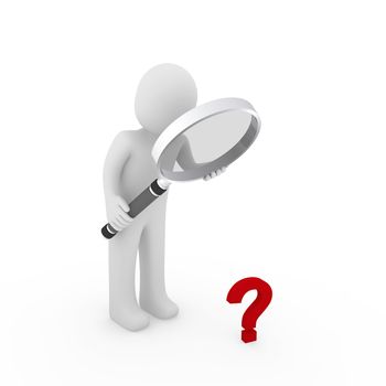 3d man magnifying glass question mark red search