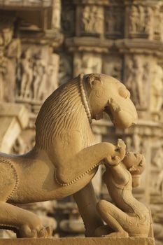 Mythical lion and woman at Kandariya Mahadeva Temple, Khajuraho, India. 11th Century AD.