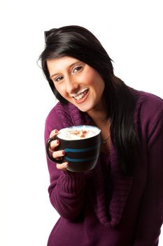 young woman with a cup of cappucino