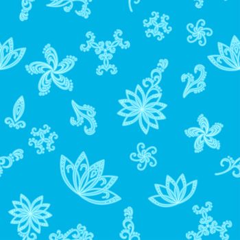 Abstract blue seamless background with white graphic floral pattern