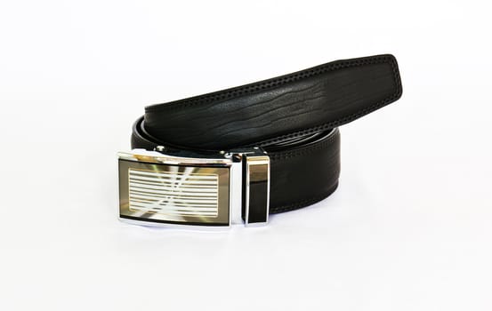 Men's leather belt on white background