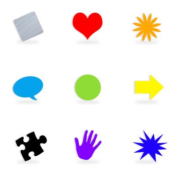 A collection of icons or button symbols of different shapes and colors isolated over a white background.
