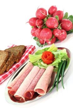 Salami and beer sausage with fresh vegetables