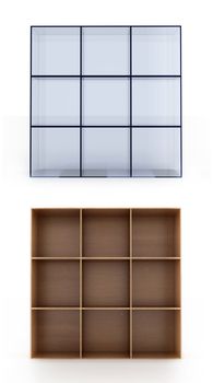 3D shelves on white background. Glass and wood material