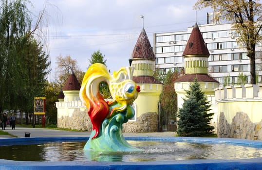  fountain and fairy castle in the Pushkin garden.Chelyabinsk.Russia. 