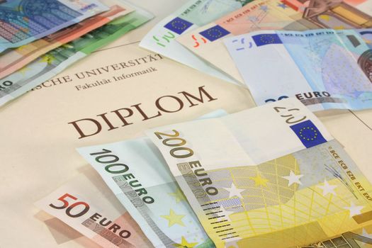 purchased diploma - diploma certificate with many euro notes