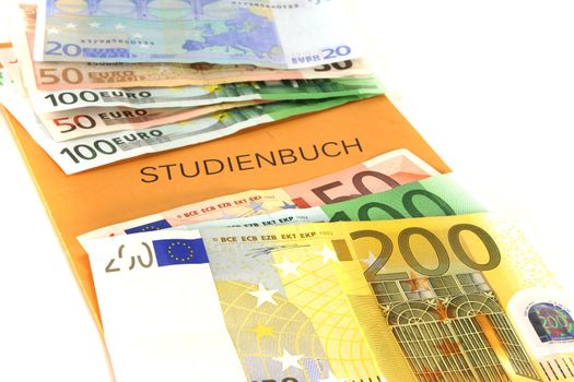 purchased diploma - Study book with lots of euro notes