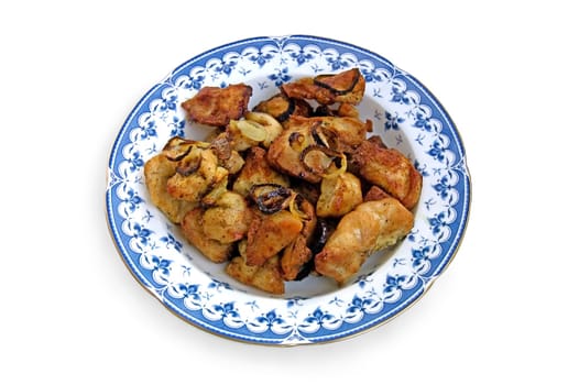 Slices of roasted chicken in a plate on a white background