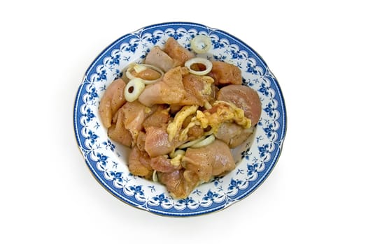 Chicken with spices and onion slices on a plate on a white background