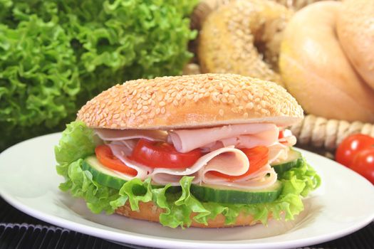 Sesame bagel with lettuce, tomato, cucumber and chicken breast