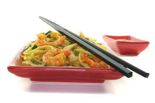 noodles with Asian prawns on Asian dishes