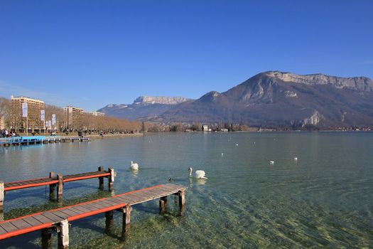 Lake Annecy and birds and sky blue