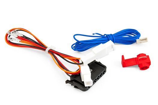 Blue, red, orange and black connecting wires to the terminals and connectors isolated on a white background