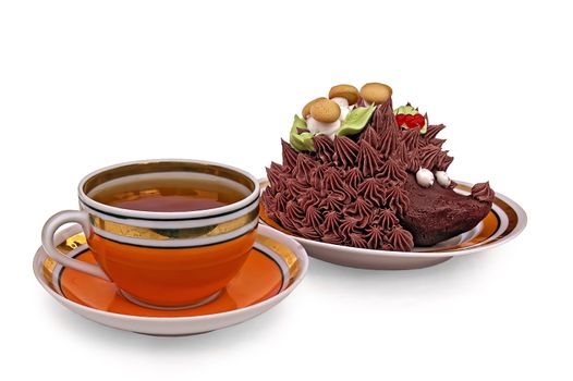 Orange cup of tea, a cake in the form of a hedgehog isolated on a white background