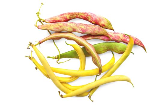 Yellow, pink and green beans isolated on white background