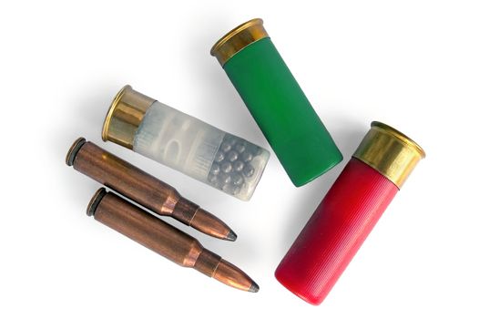 White translucent, green, red arms cartridges, two cartridges for the carbine isolated on a white background