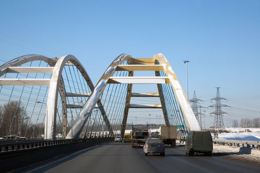 A modern highway bridge. View through the car window.