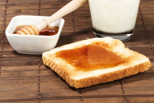 toast with honey, a glass of milk and a honey dipper in a jar with honey