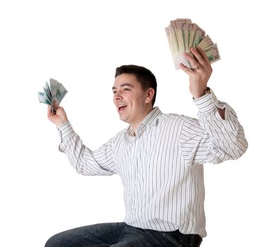 Happy young man won a large sum of money. Isolated on white with clipping path