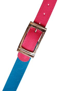 Blue and pink leather belts attached with buckle. Isolated with clipping path