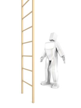 3D Man looks at the stairs illustration isolated on white.